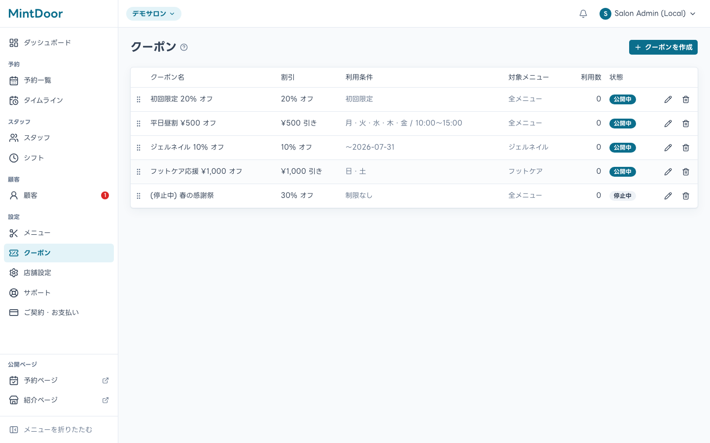 クーポン管理画面